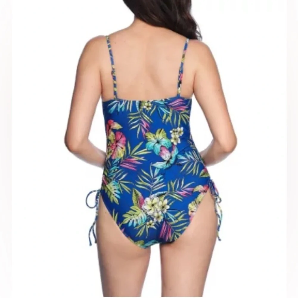 NWT Loft Women's Shirred Side Tie One-Piece Swimsuit Blue Tropical Size Medium - Picture 3 of 14